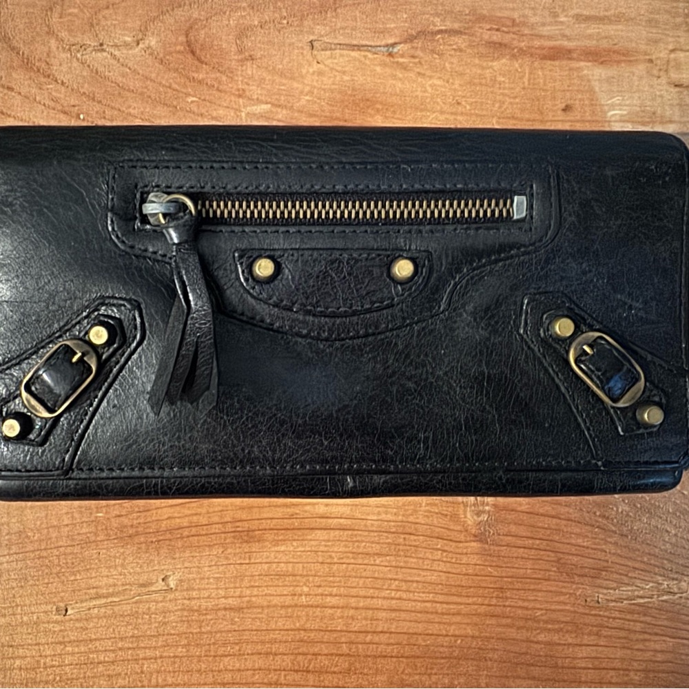 Balenciaga Black Leather Wallet with Gold Accents